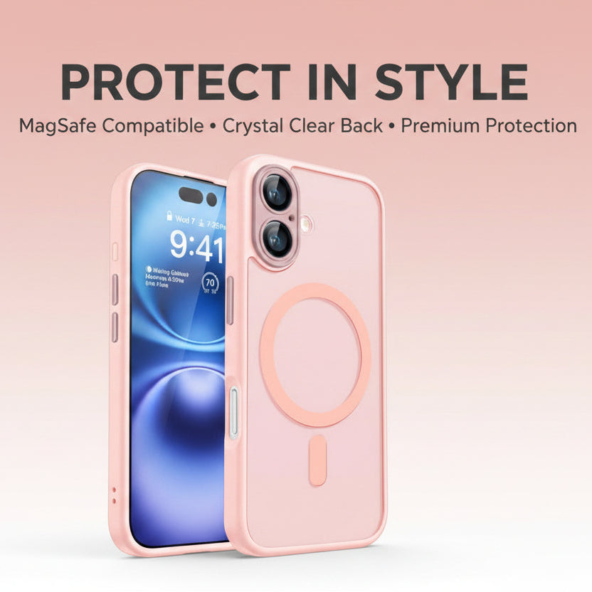 Pink phone case with MagSafe compatibility on a light pink background