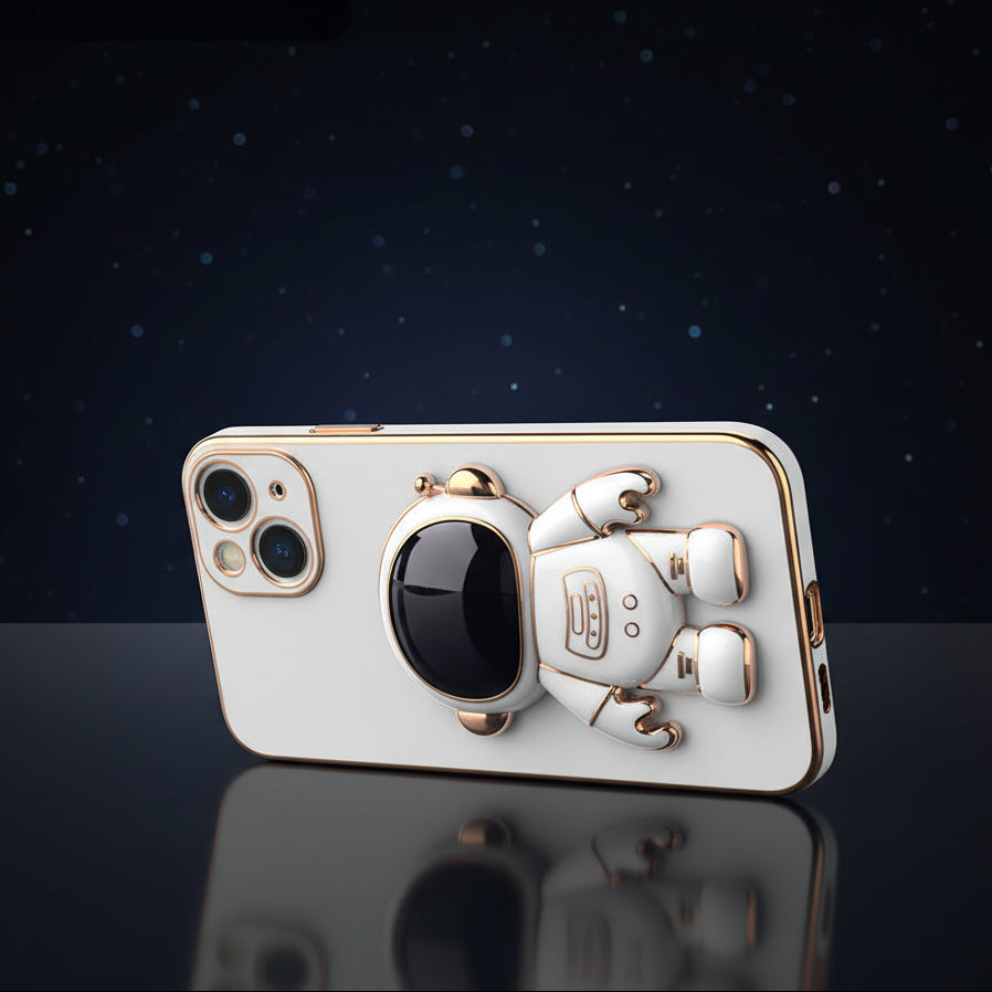 White phone case with astronaut design on a dark background