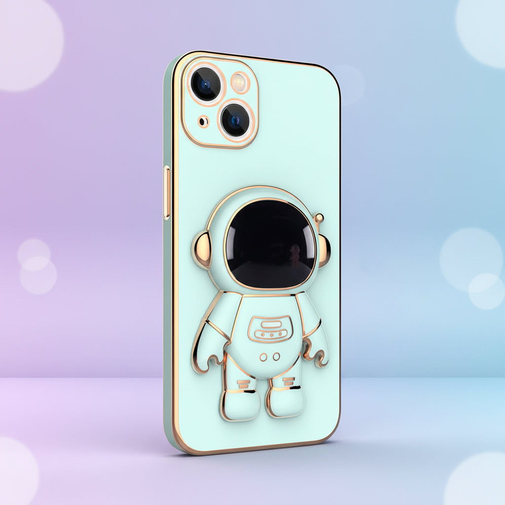 Smartphone with a light cyan case featuring an astronaut design on a white background